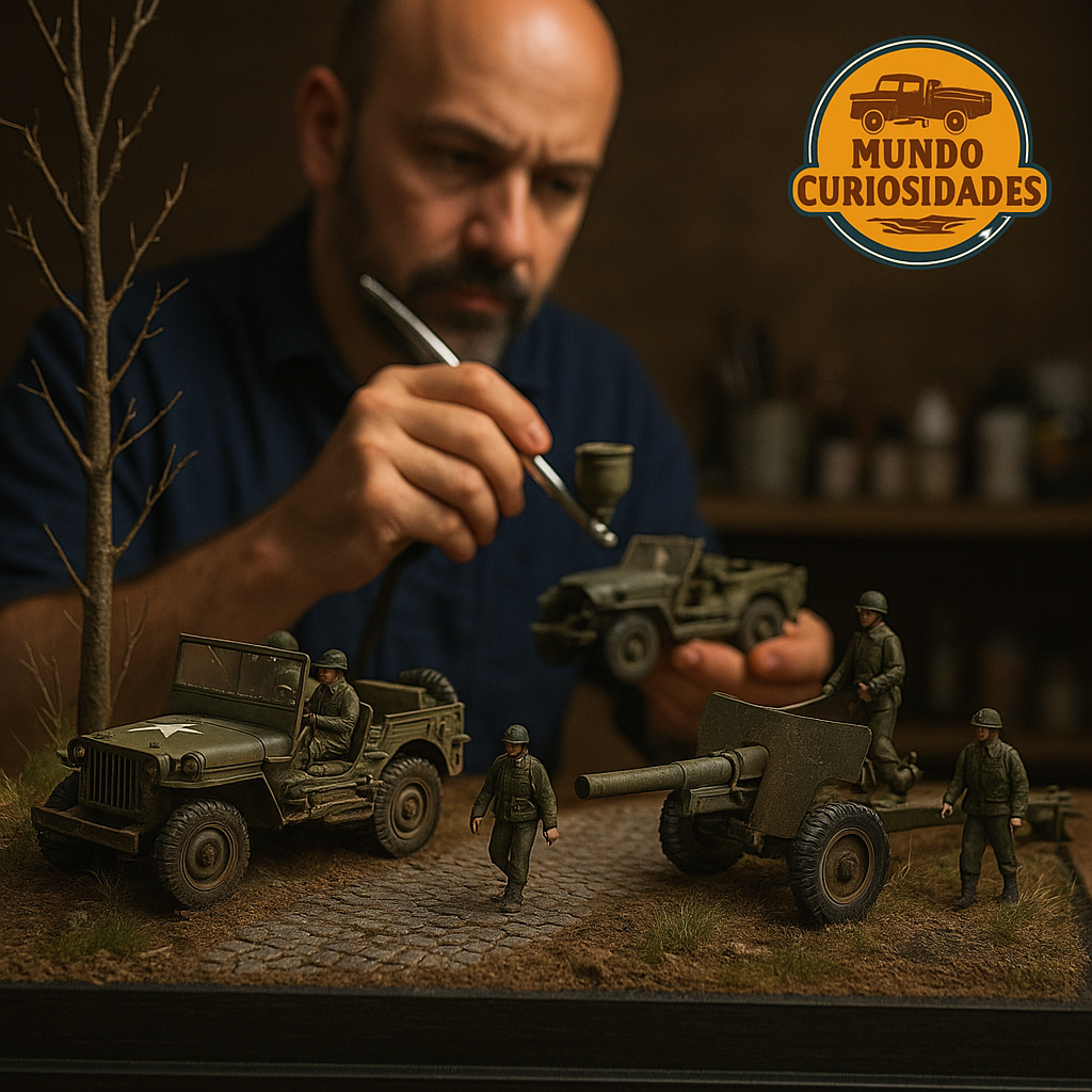 Diorama de la Segunda Guerra Mundial con Jeep militar y artillería antitanque, con un modelista pintando al fondo y logo de MundoCuriosidades