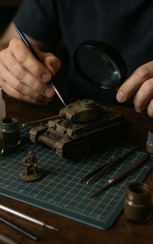 Maqueta protegida en vitrina con luz LED, libre de polvo.